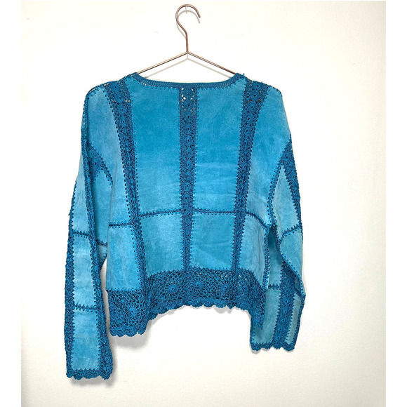 Boho Turquoise Suede Leather and Crochet Button Up Long Sleeve Jacket size XL - Picture 4 of 7